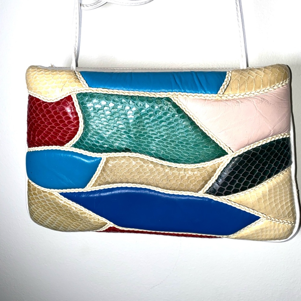 Vintage puffy multicolor color block mixed media leather snake skin bag